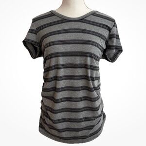 Love Ryan LA Grey Black Stripe Short Sleeve Top Gathered Sides Size S Juniors